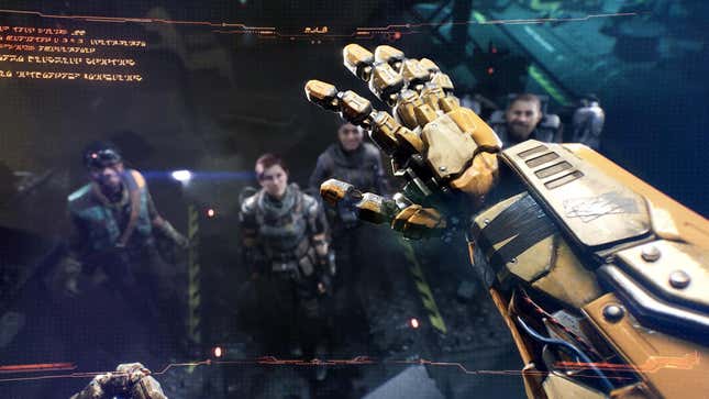A Transformer holds its hand up.