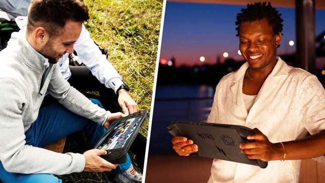 Two images show grown adults holding the massive Acer Nitro 11.