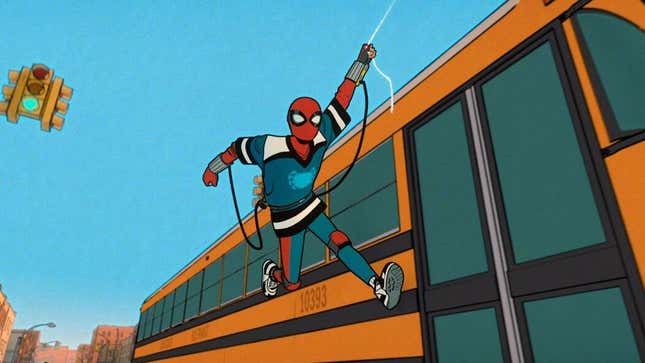 Spider-Man web-slings by a school bus.