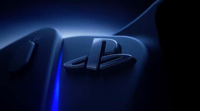 A PlayStation logo appears on a black DualSense controller.