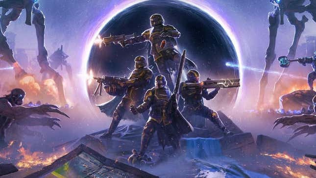 Helldivers fight off hordes of enemies.